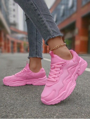 Women s Lightweight Soft Bottom Chunky Sneakers With Round Toe And Lace Up Closure Comfortable And Breathable Pink Sneakers Available In Size 43 And 44 Suitable For Couples