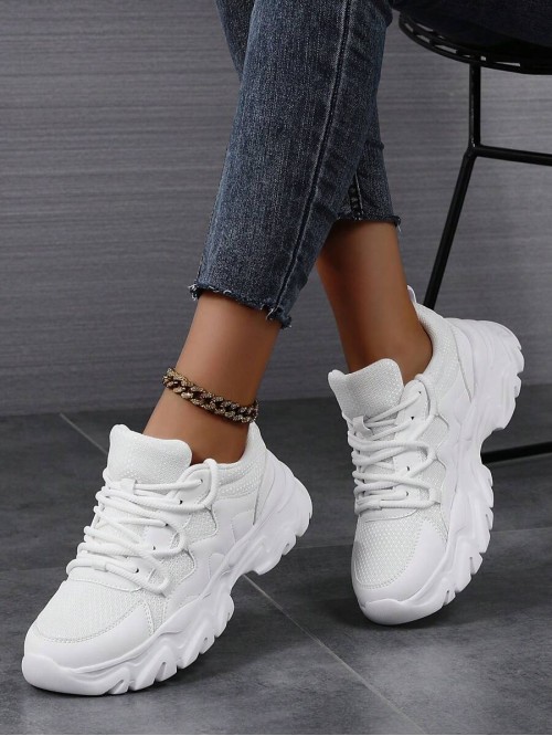 43 44 Women s Sneakers Lightweight Soft Sole Chunky Sneakers Round Toe Lace Up Comfortable Breathable White Shoes Couple