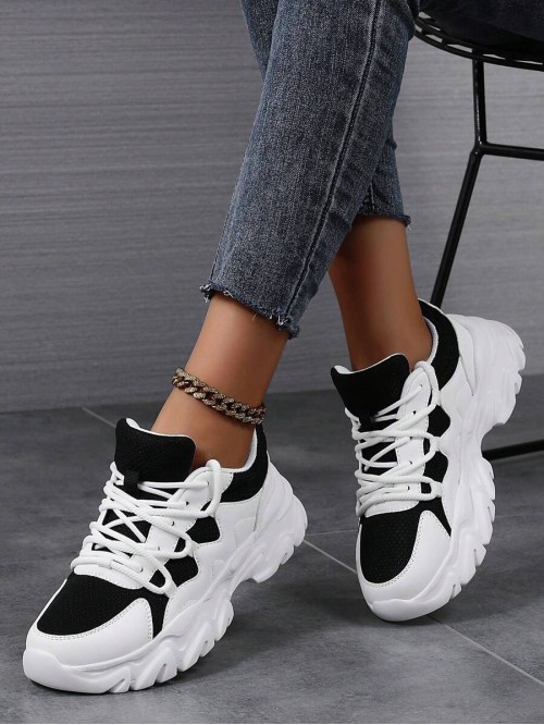 Women s Casual Sneakers Soft Soled Chunky Sneakers Round Toe Lace Up Sports Shoes Comfortable Breathable White Shoes UK 9 10 Unisex