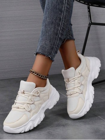 Women s Lightweight Soft Sole Chunky Sneakers Round Toe Lace Up Comfortable Breathable White Shoes Size 43 44 Couple Shoes